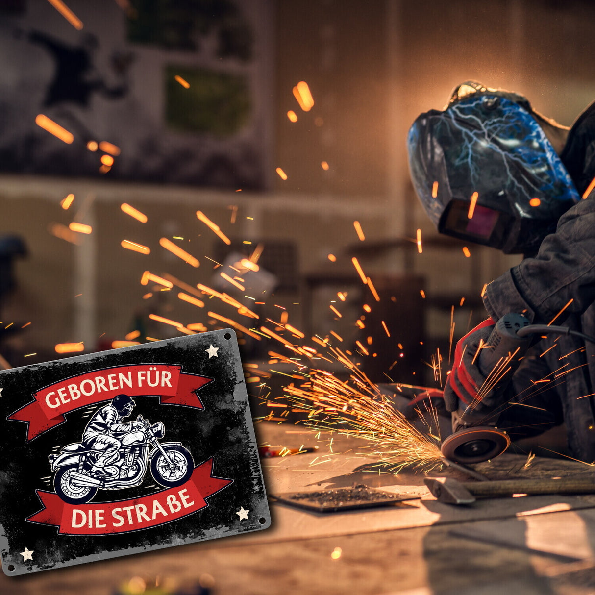 Geboren für die Straße Metallschild mit Biker Motiv