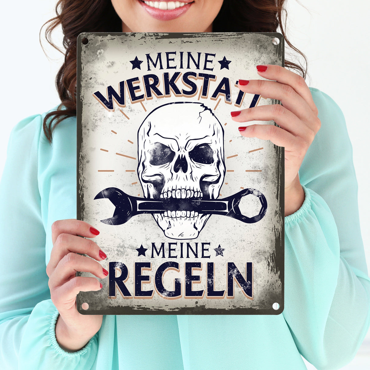 Meine Werkstatt meine Regeln mit Totenkopf Metallschild