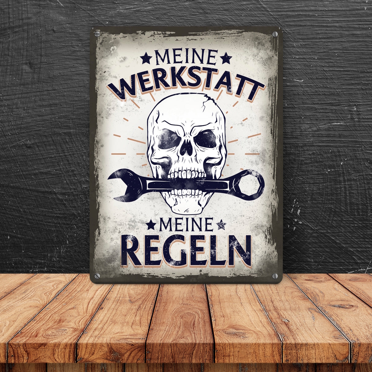 Meine Werkstatt meine Regeln mit Totenkopf Metallschild