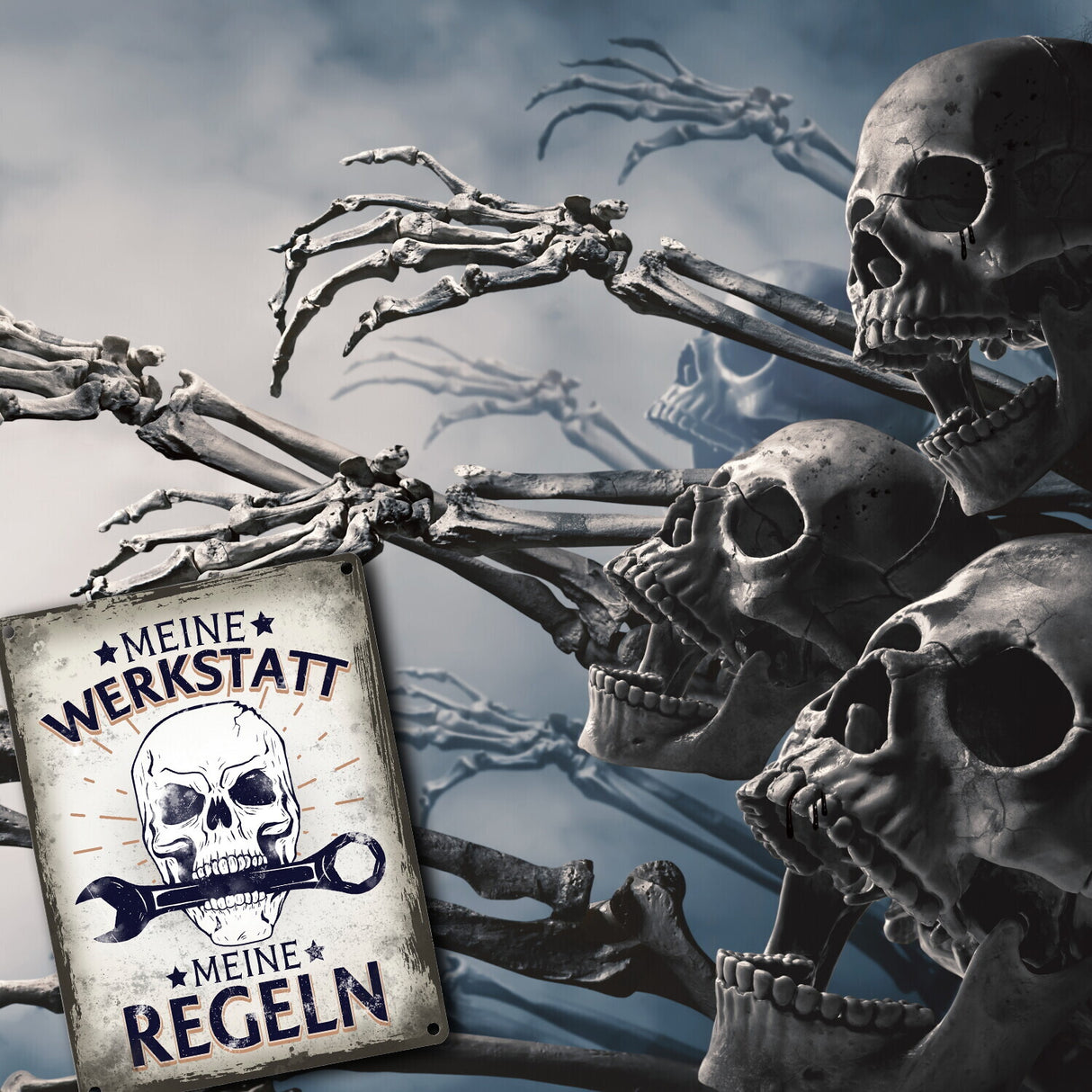 Meine Werkstatt meine Regeln mit Totenkopf Metallschild