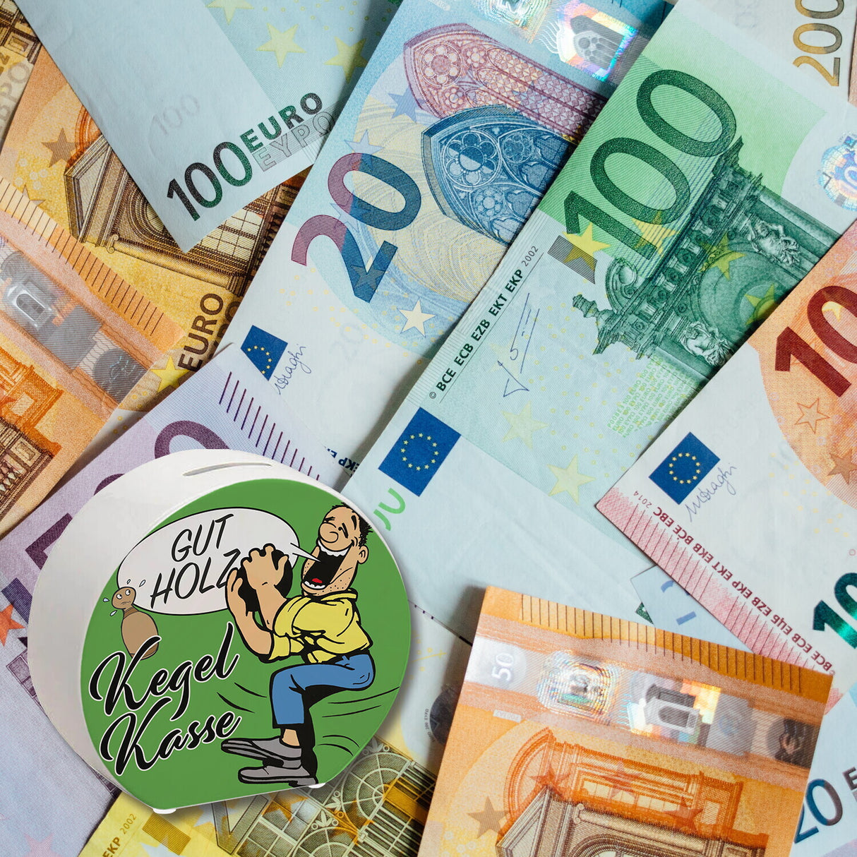 Kegelkasse Spardose Gut Holz mit lustigem Kegelspieler Motiv