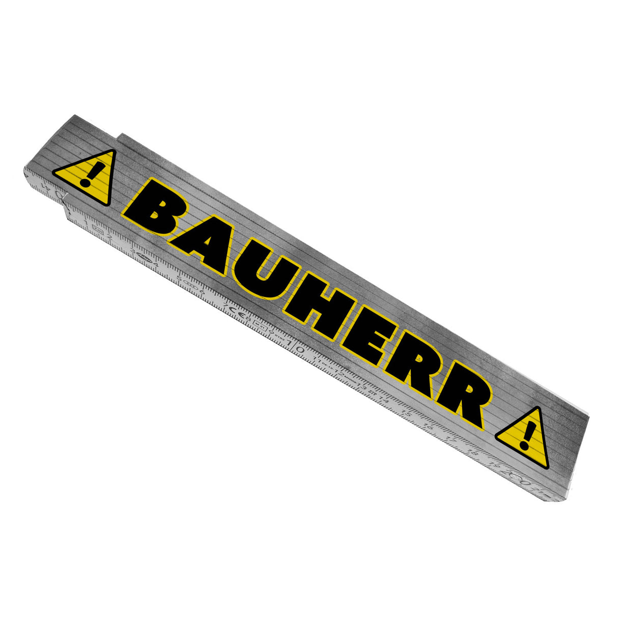 Bauherr mit Warnsymbol Meterstab aus Holz für Handwerker