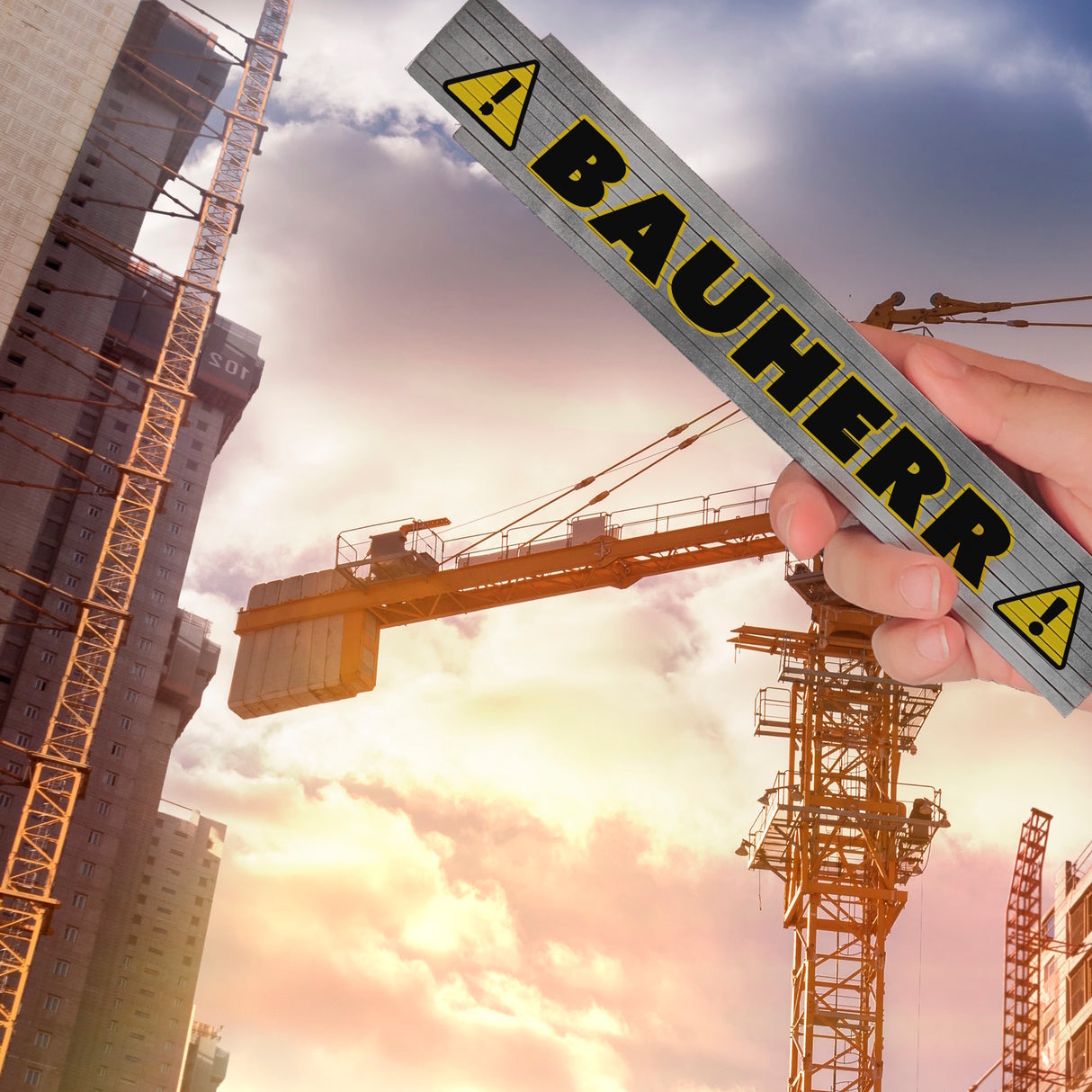 Bauherr mit Warnsymbol Meterstab aus Holz für Handwerker