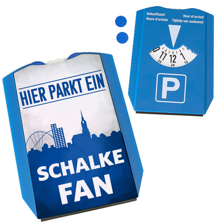 Hier parkt ein Schalke Fan Parkscheibe in Vereinsfarben