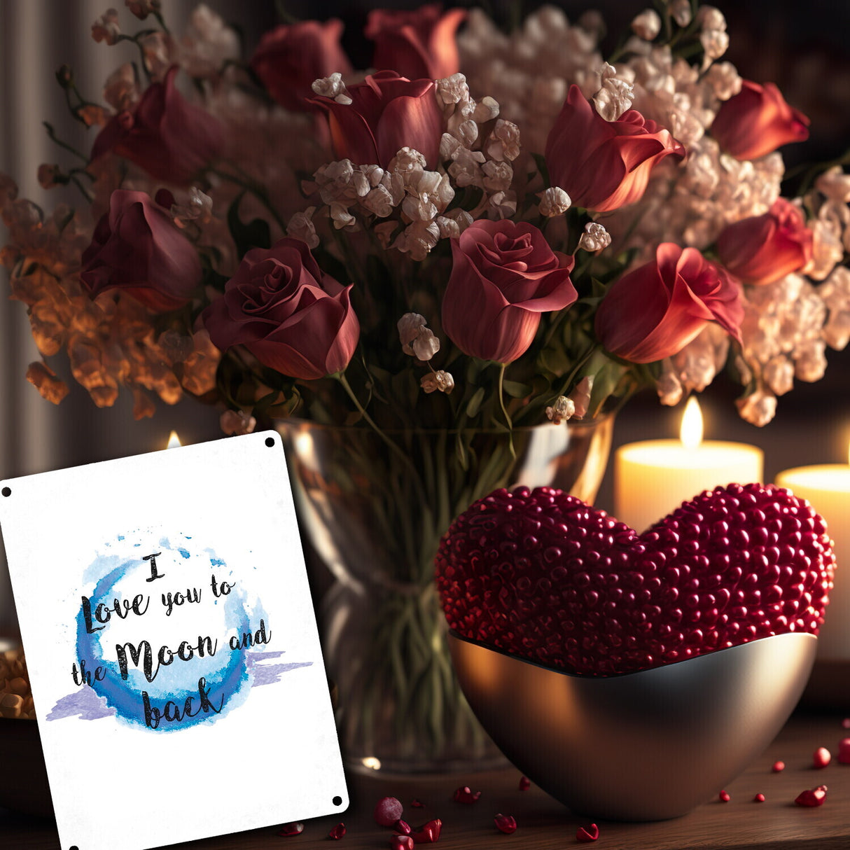 I love you to the Moon and back Valentinstag Metallschild in lila