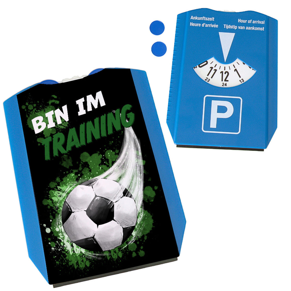 Bin im Training Fußball Parkscheibe mit 2 Einkaufswagenchips