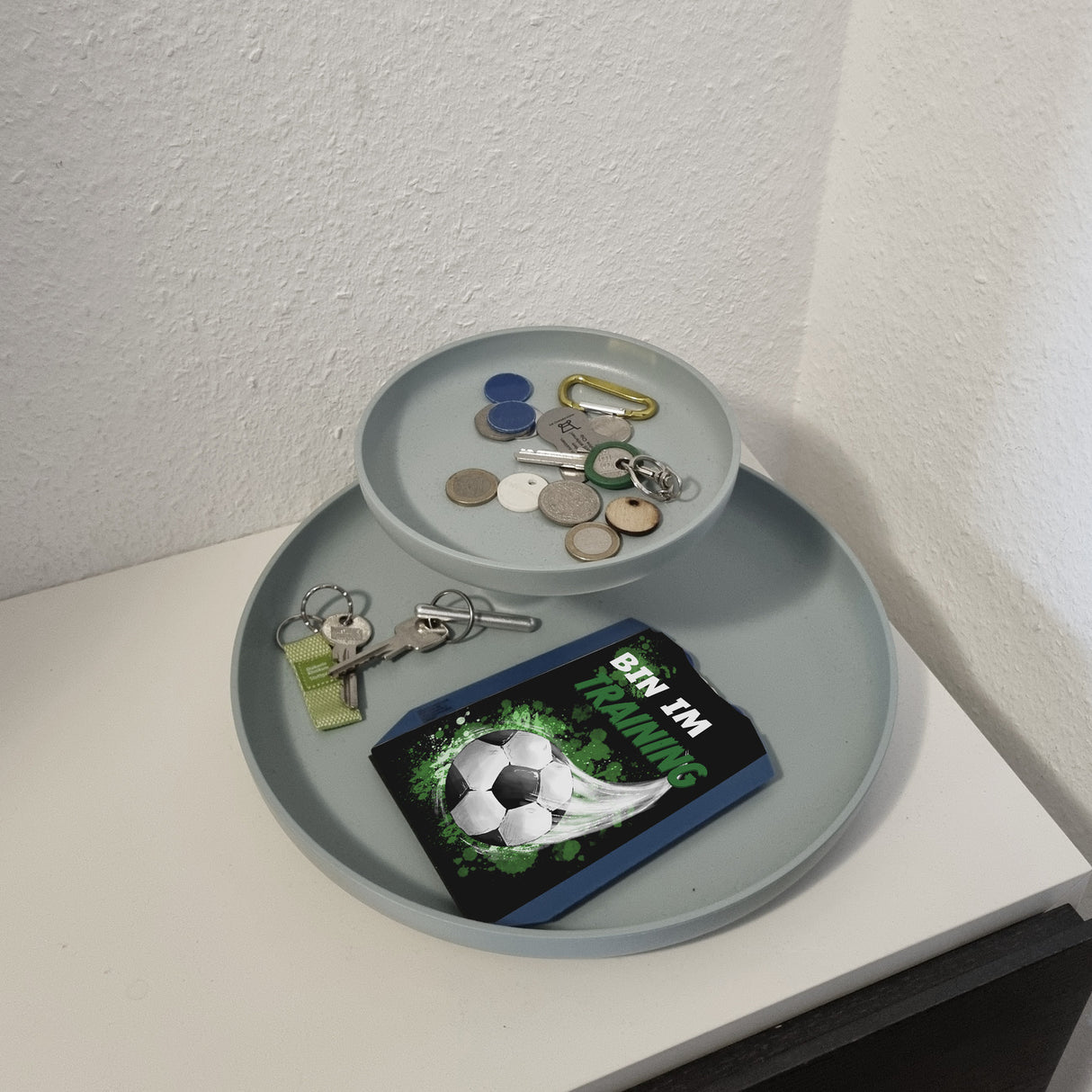 Bin im Training Fußball Parkscheibe mit 2 Einkaufswagenchips