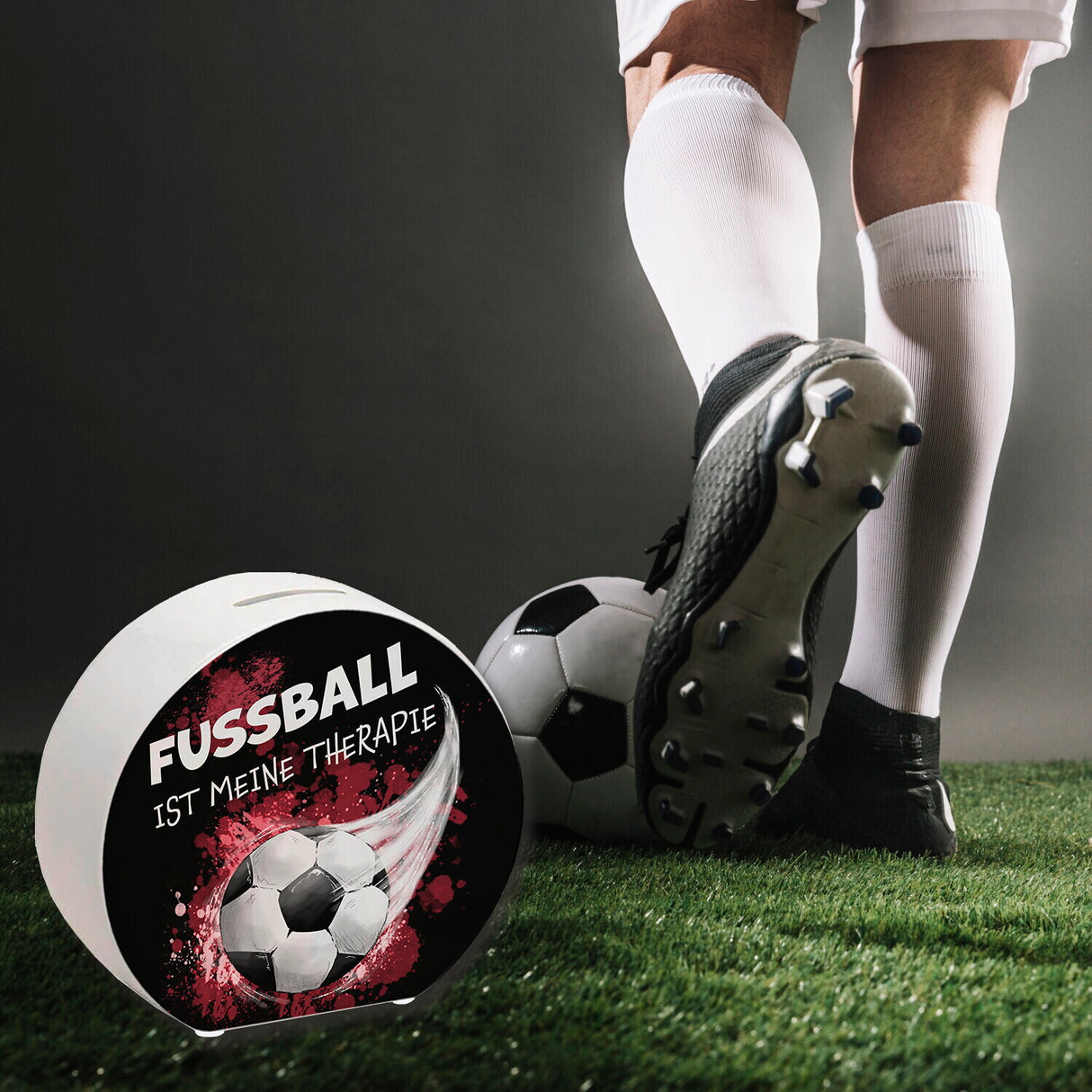 Fußball ist meine Therapie Spardose mit Fußball-Motiv
