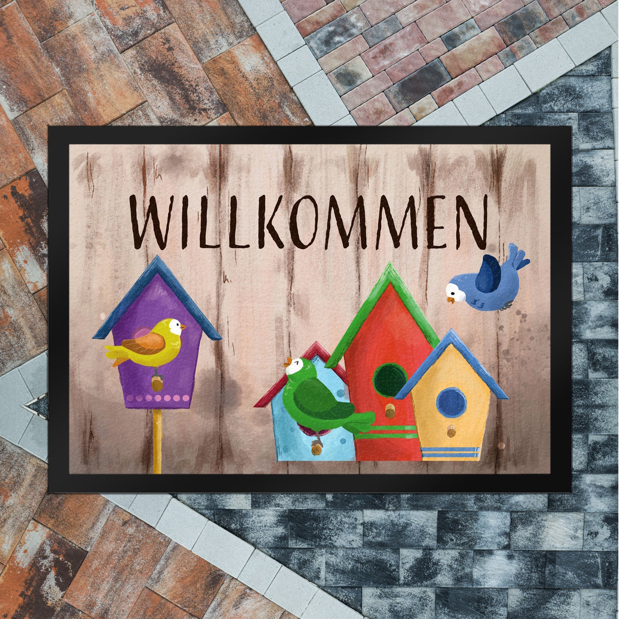 Willkommen Fußmatte mit bunten Vogelhäuschen und Vögeln