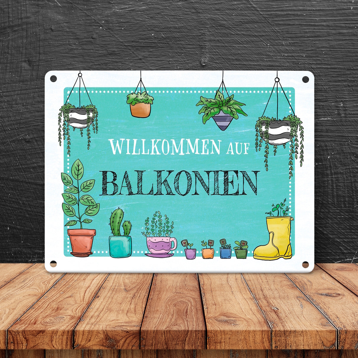 Willkommen auf Balkonien Metallschild in türkis