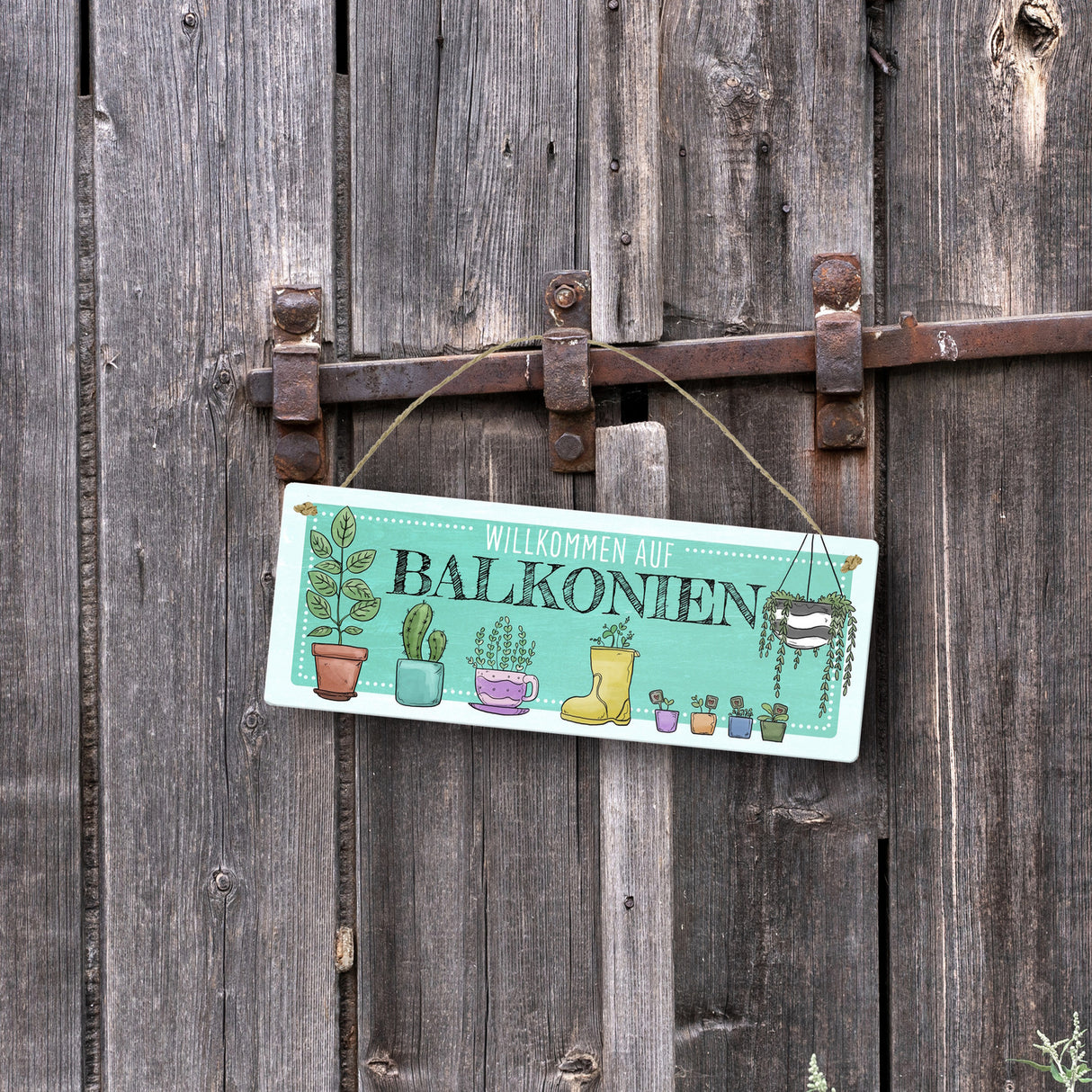 Willkommen auf Balkonien Metallschild in türkis