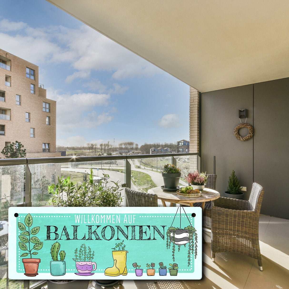 Willkommen auf Balkonien Metallschild in türkis
