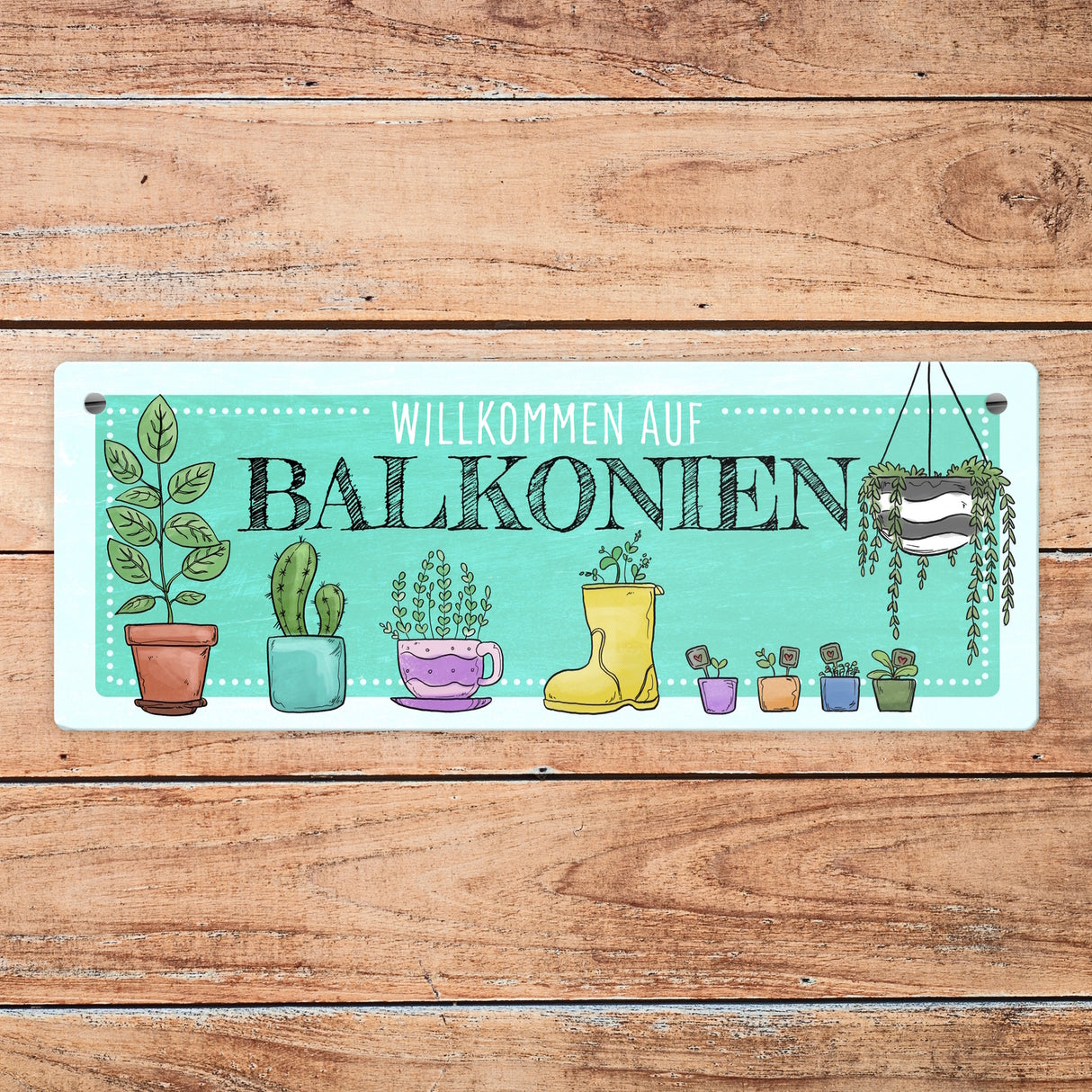Willkommen auf Balkonien Metallschild in türkis