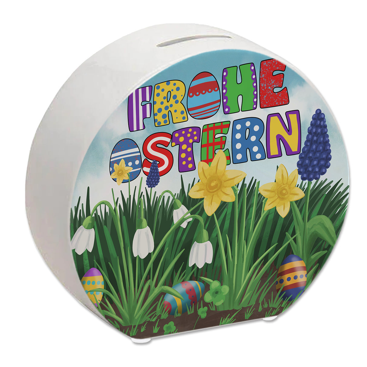 Frohe Ostern Spardose mit Osterglocken und Schneeglöckchen