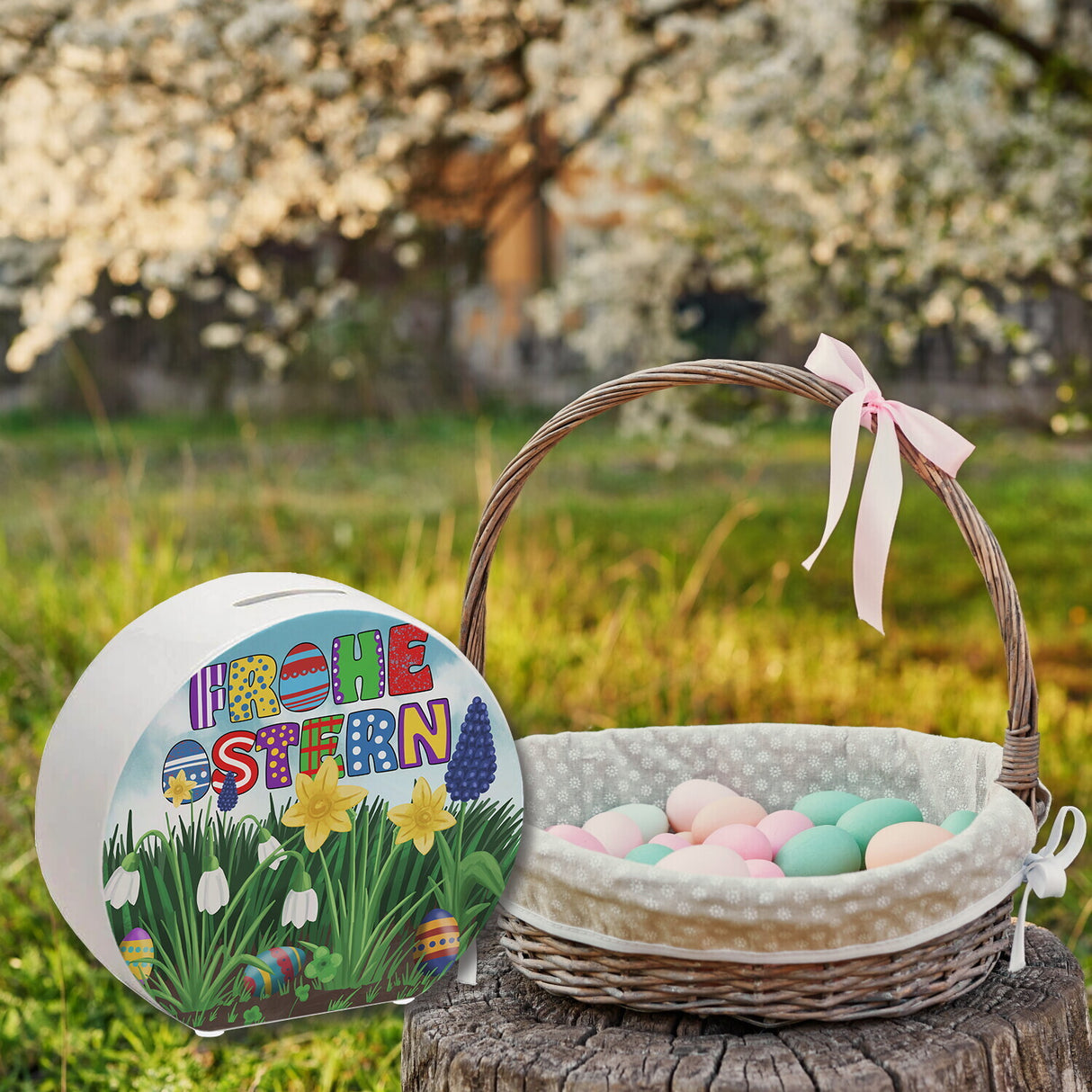 Frohe Ostern Spardose mit Osterglocken und Schneeglöckchen