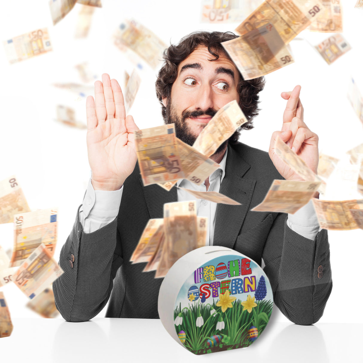 Frohe Ostern Spardose mit Osterglocken und Schneeglöckchen