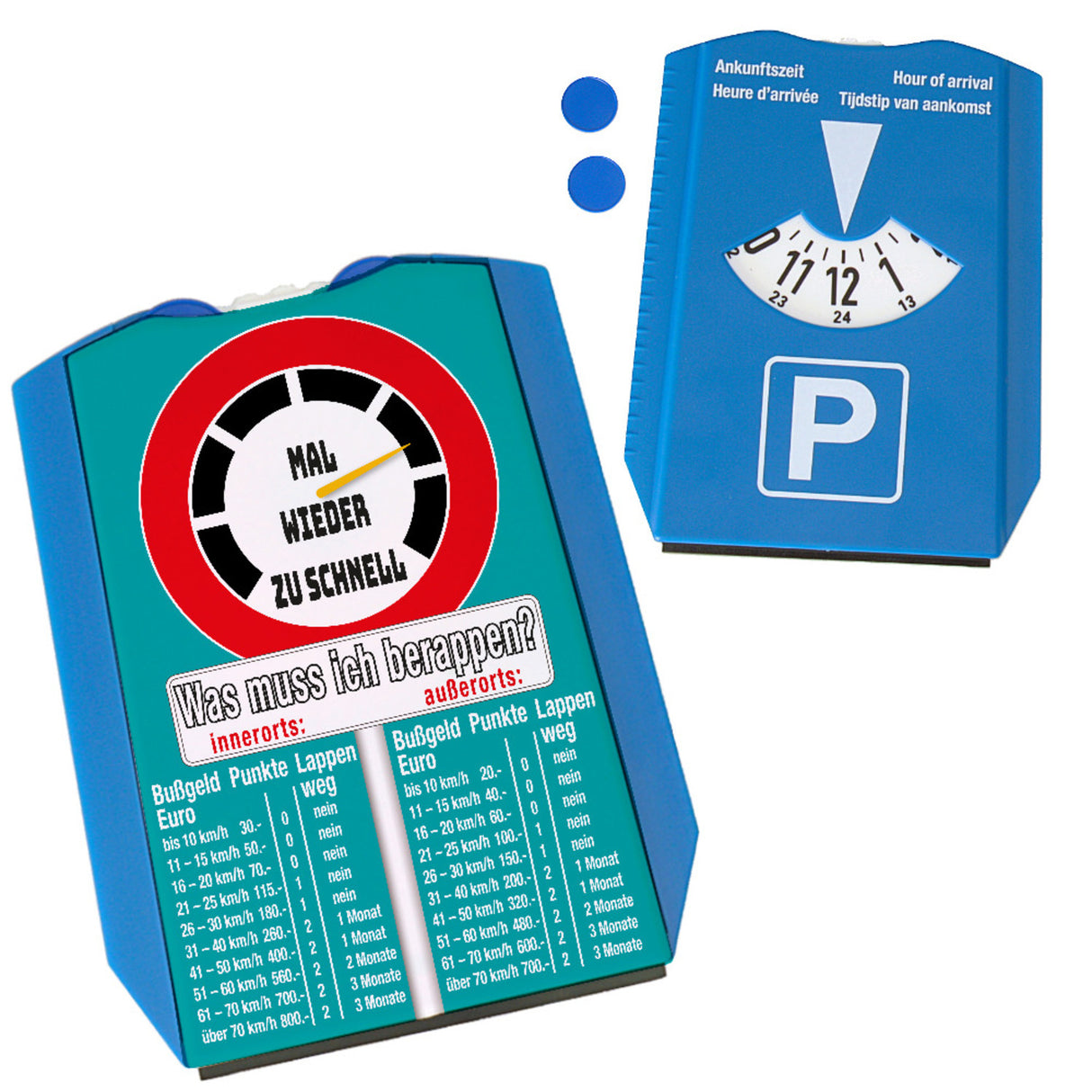 Zu schnell gefahren Bußgeld Parkscheibe in türkis mit Straßenschild Motiv