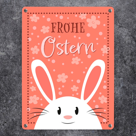 Frohe Ostern Metallschild mit niedlichem Osterhasen