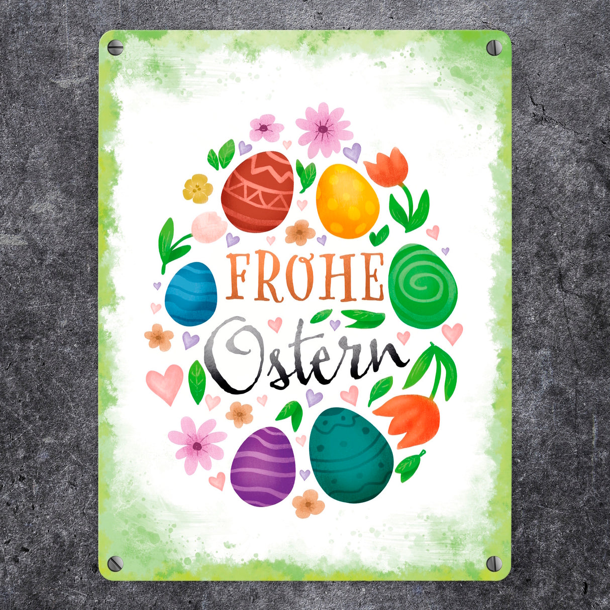 Frohe Ostern Metallschild mit Frühlingsmotiven