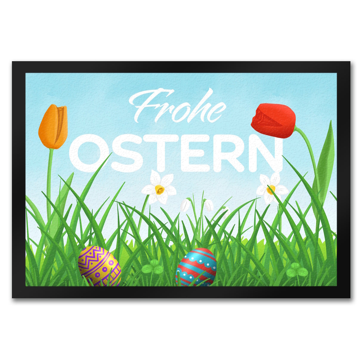 Frohe Ostern Fußmatte mit grüner Blumenwiese und bunten Ostereiern
