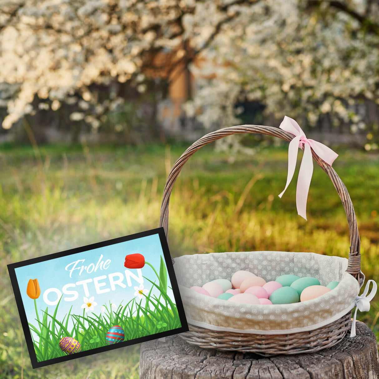 Frohe Ostern Fußmatte mit grüner Blumenwiese und bunten Ostereiern