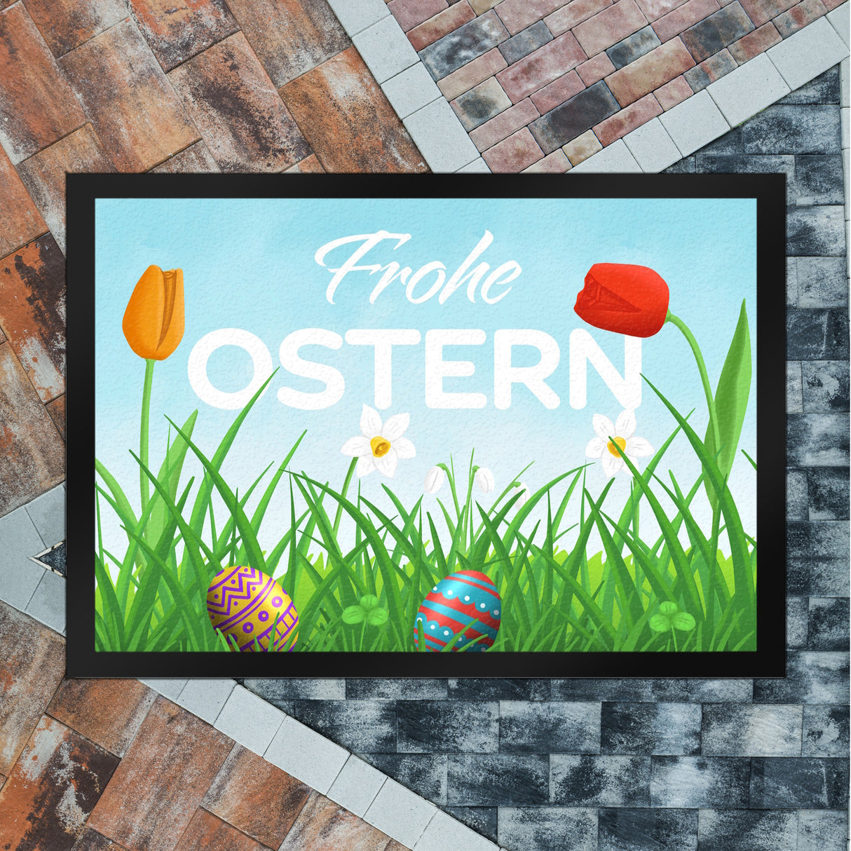 Frohe Ostern Fußmatte mit grüner Blumenwiese und bunten Ostereiern