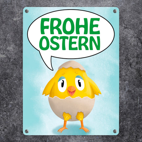 Frohe Ostern Metallschild mit süßem Küken in Eierschale