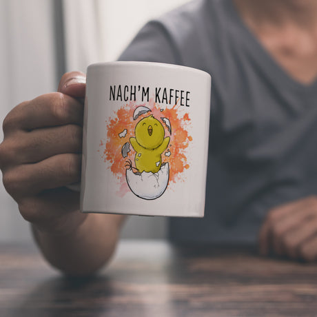 Vor'm Kaffee - nach'm Kaffee Kaffeebecher mit süßem Küken im Ei