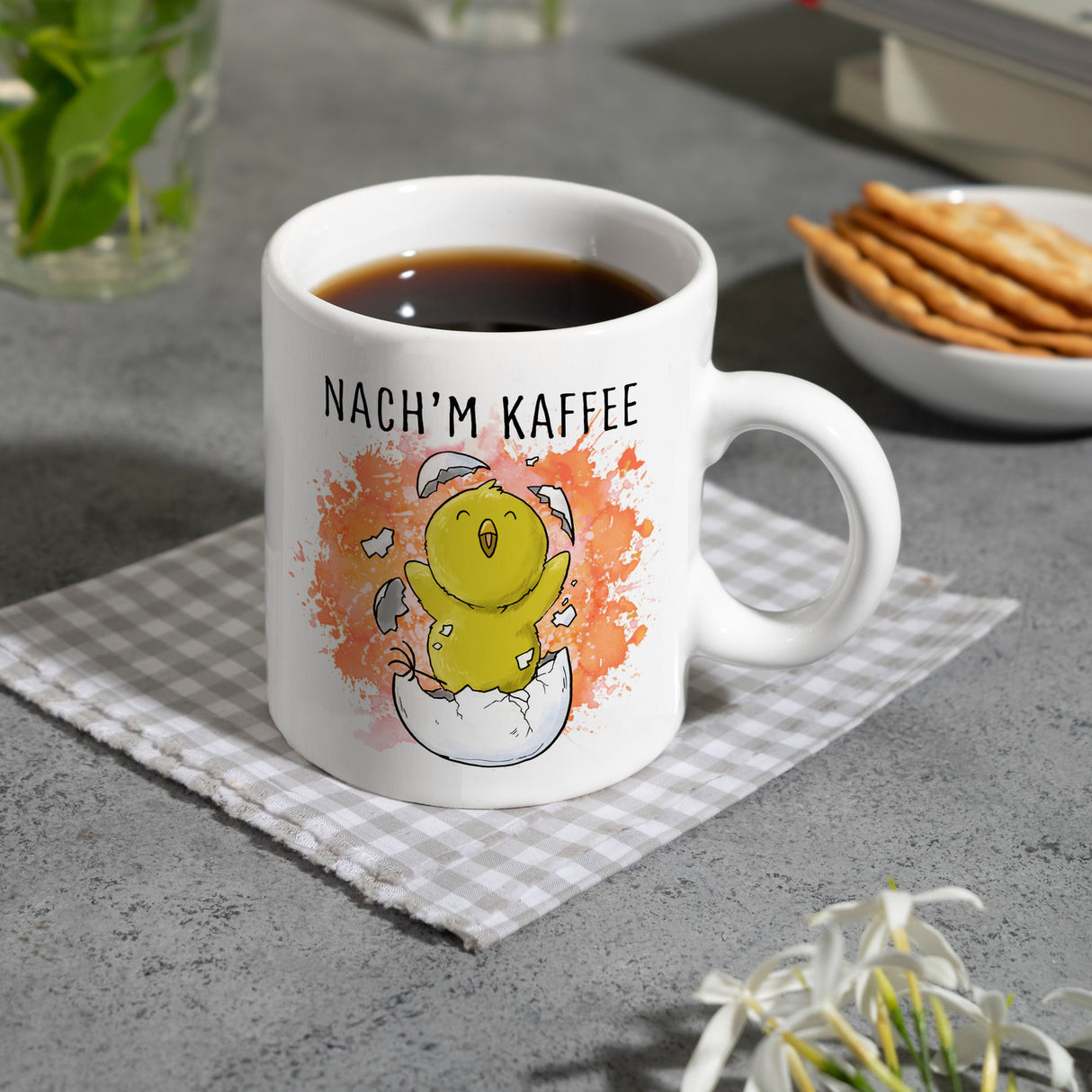 Vor'm Kaffee - nach'm Kaffee Kaffeebecher mit süßem Küken im Ei