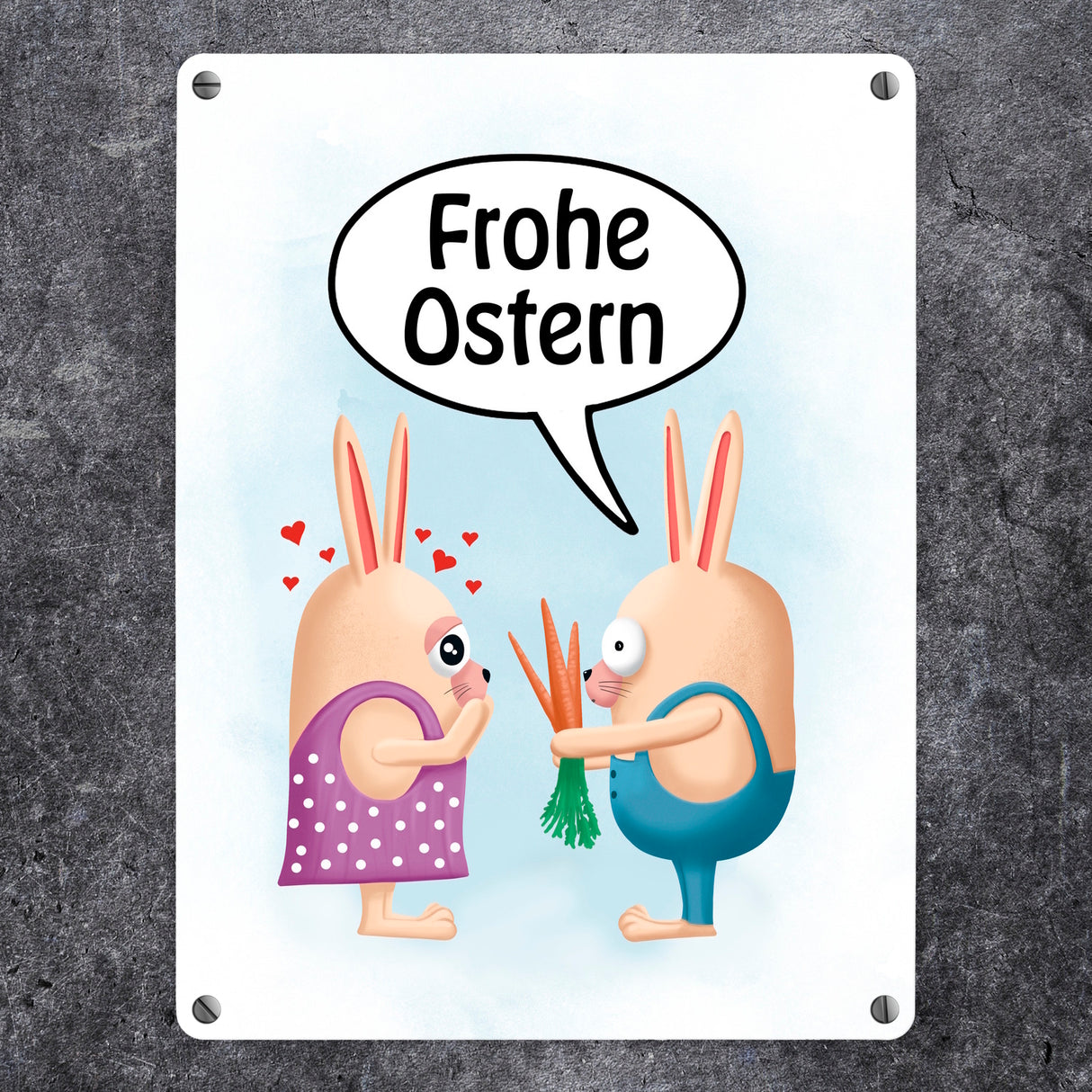 Frohe Ostern Metallschild mit lustigen Hasen