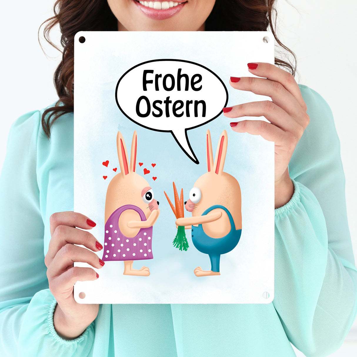 Frohe Ostern Metallschild mit lustigen Hasen