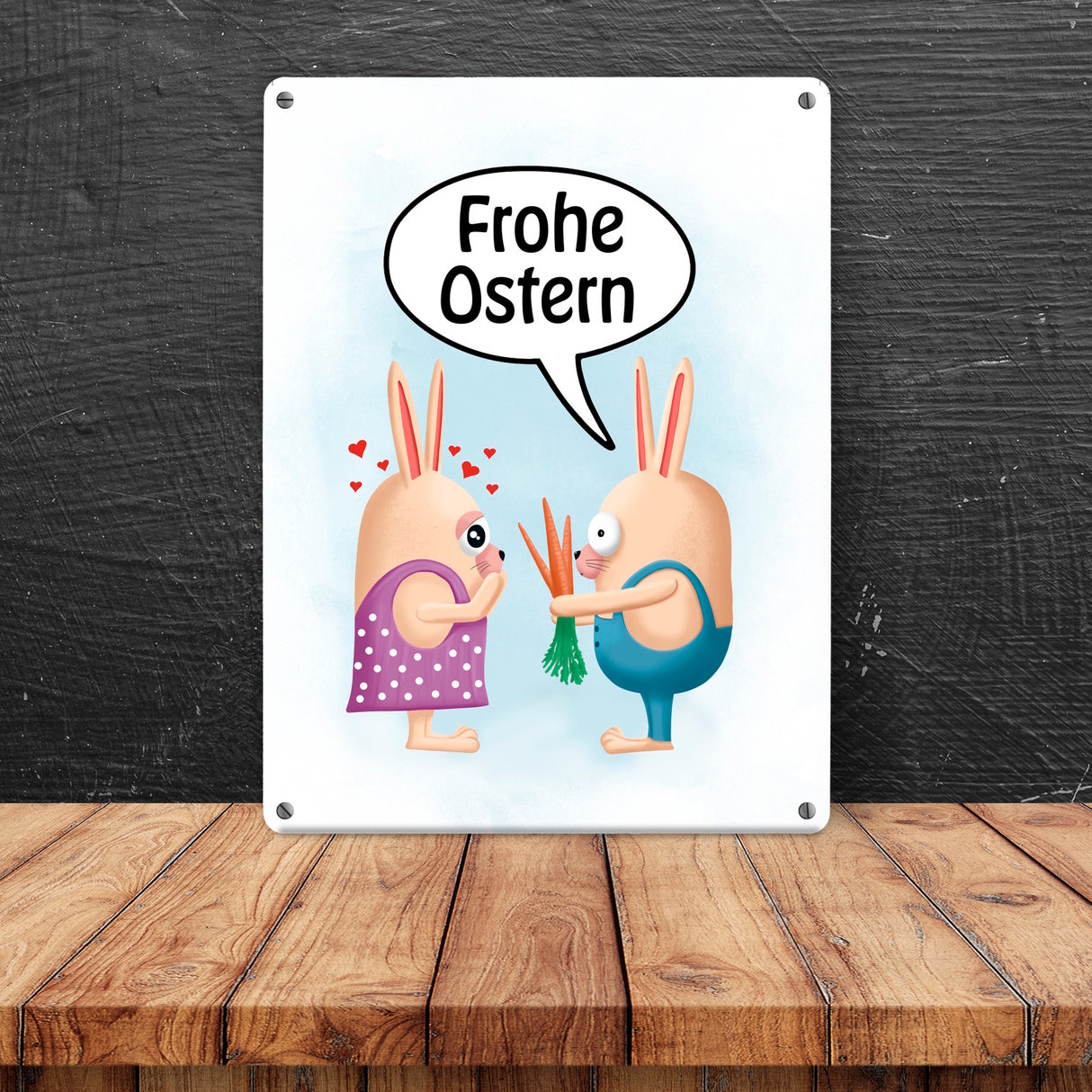 Frohe Ostern Metallschild mit lustigen Hasen