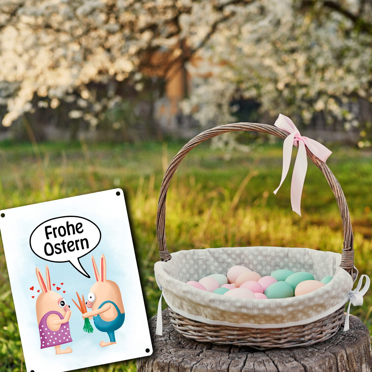 Frohe Ostern Metallschild mit lustigen Hasen