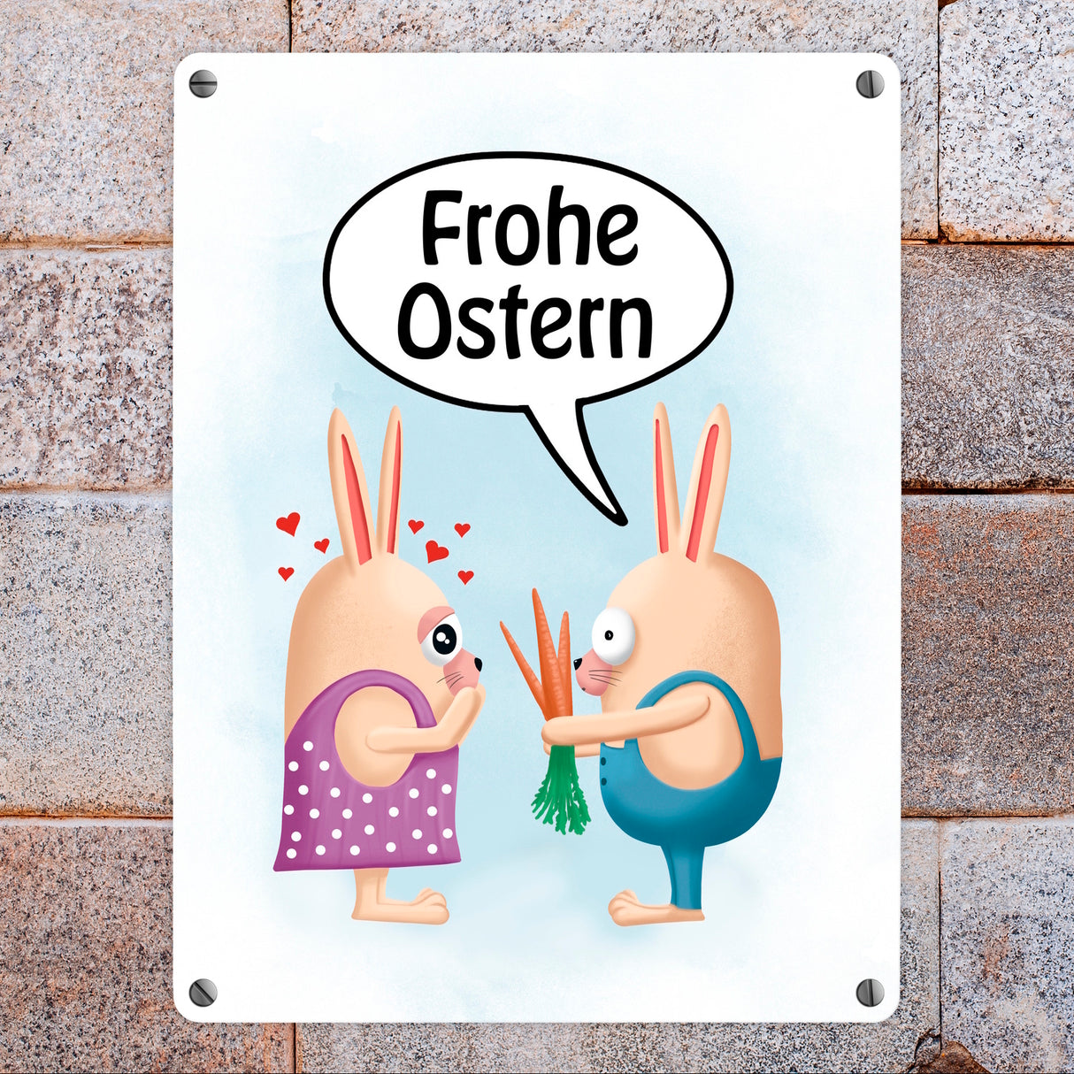 Frohe Ostern Metallschild mit lustigen Hasen