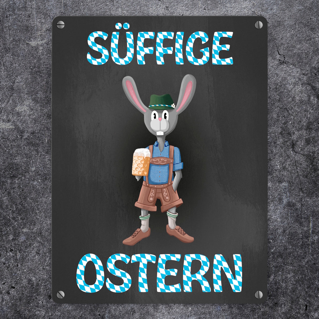 Süffige Ostern Metallschild mit Osterhase in Lederhosen