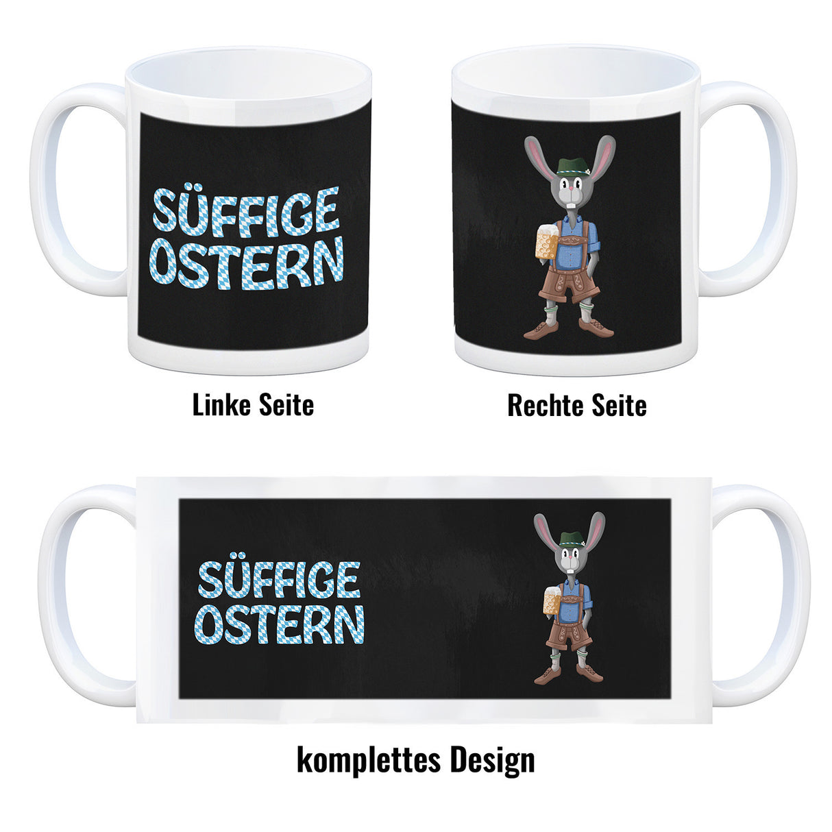 Süffige Ostern Kaffeetasse mit bayerischem Osterhasen in Lederhosen