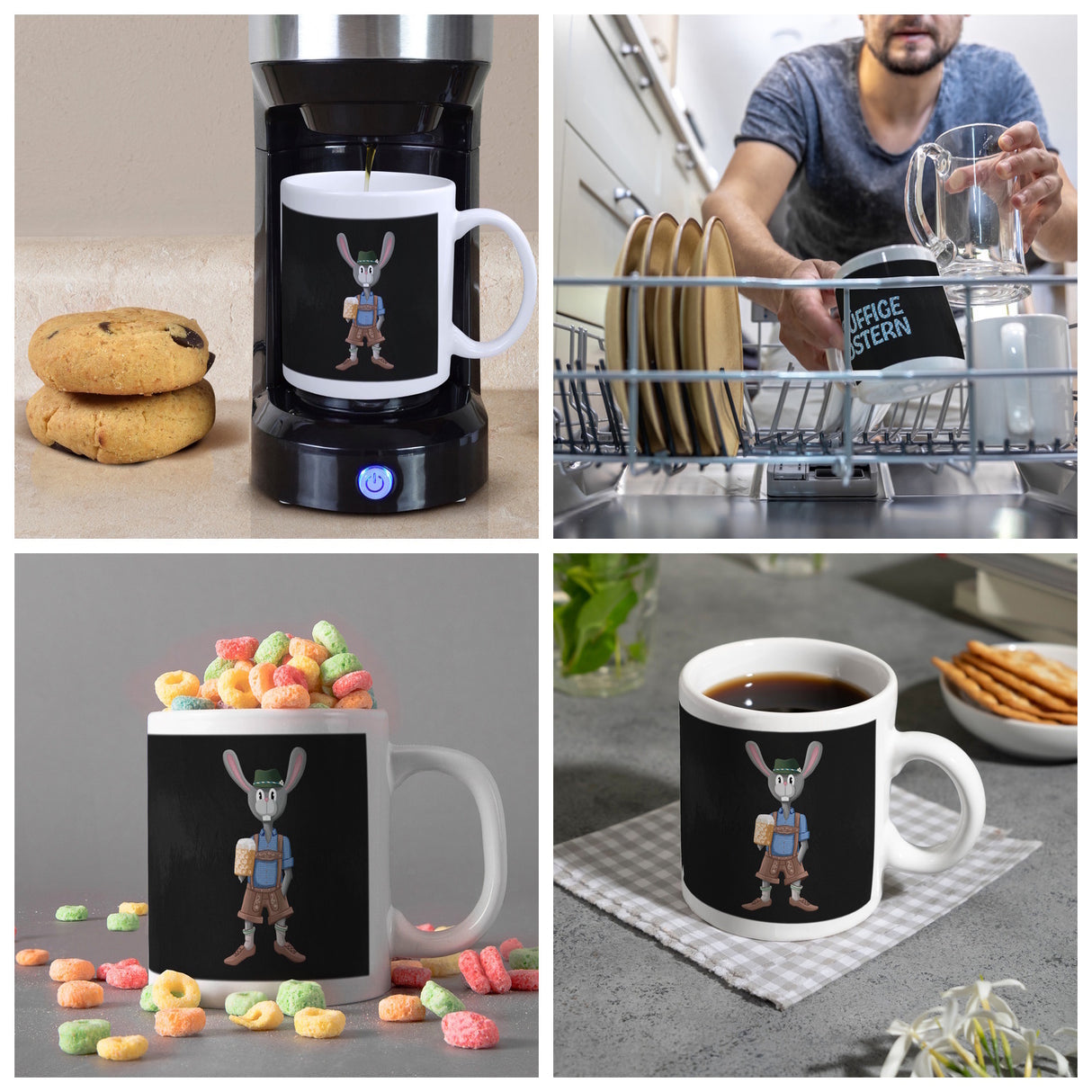 Süffige Ostern Kaffeetasse mit bayerischem Osterhasen in Lederhosen
