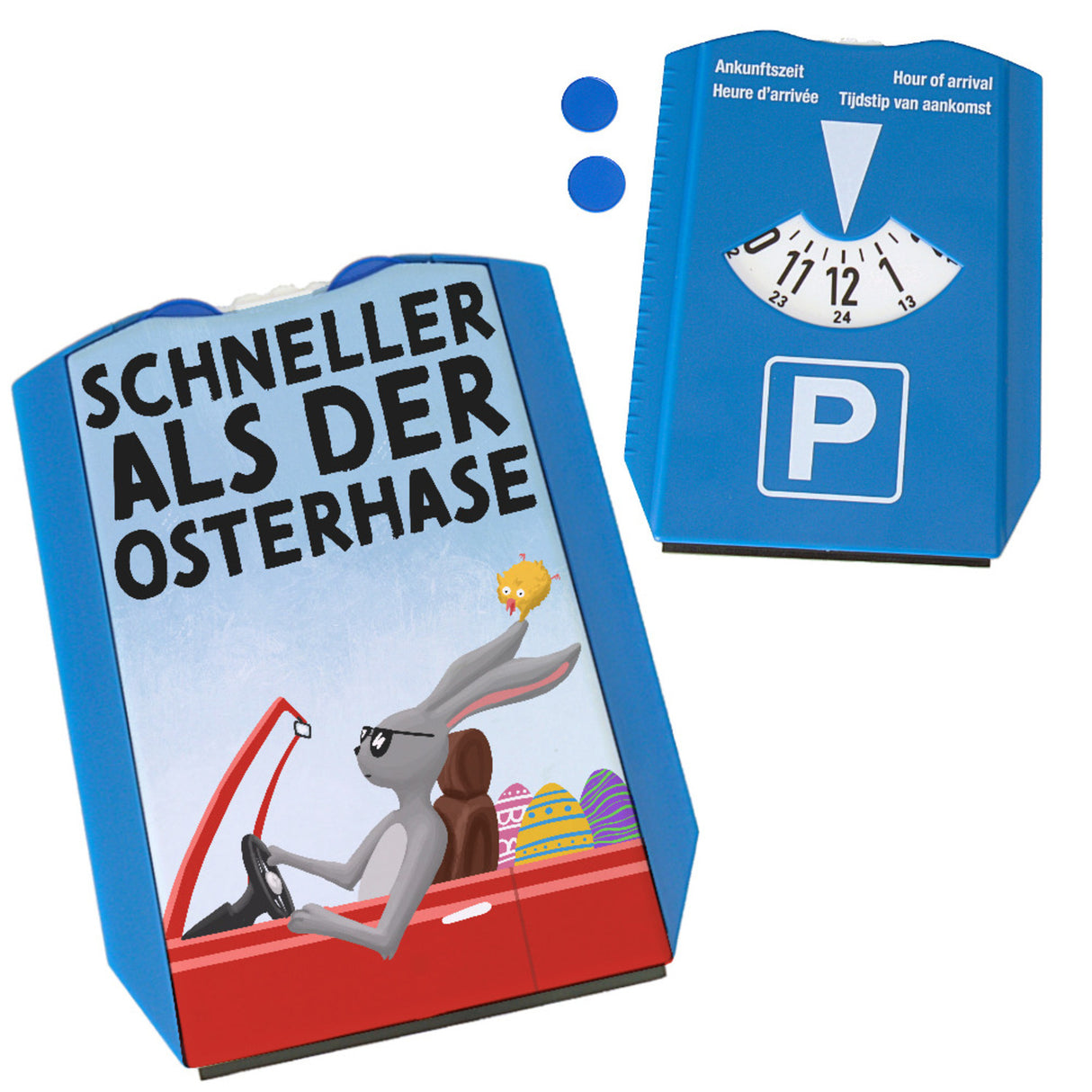 Schneller als der Osterhase Parkscheibe für Ostern mit zwei Einkaufswagenchips