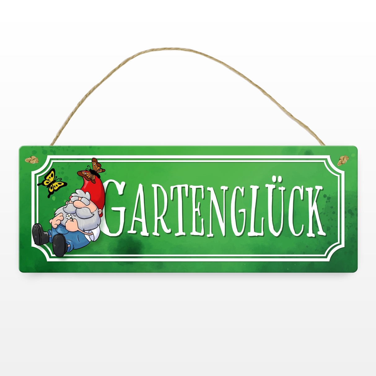 Gartenglück Metallschild mit Gartenzwerg und Schmetterlingen