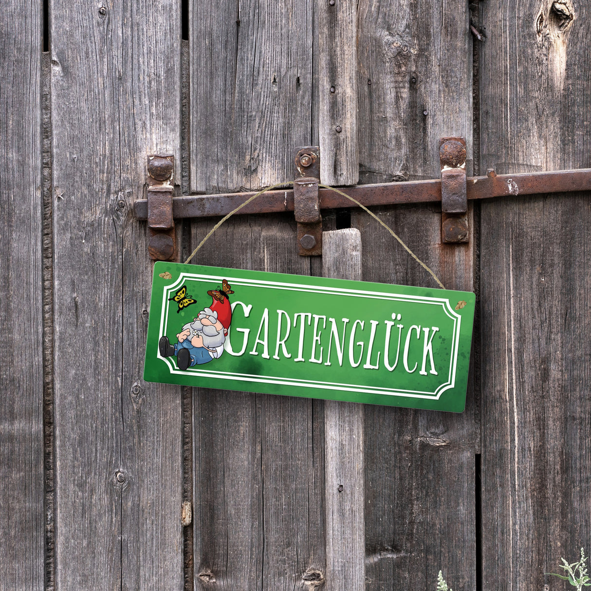 Gartenglück Metallschild mit Gartenzwerg und Schmetterlingen