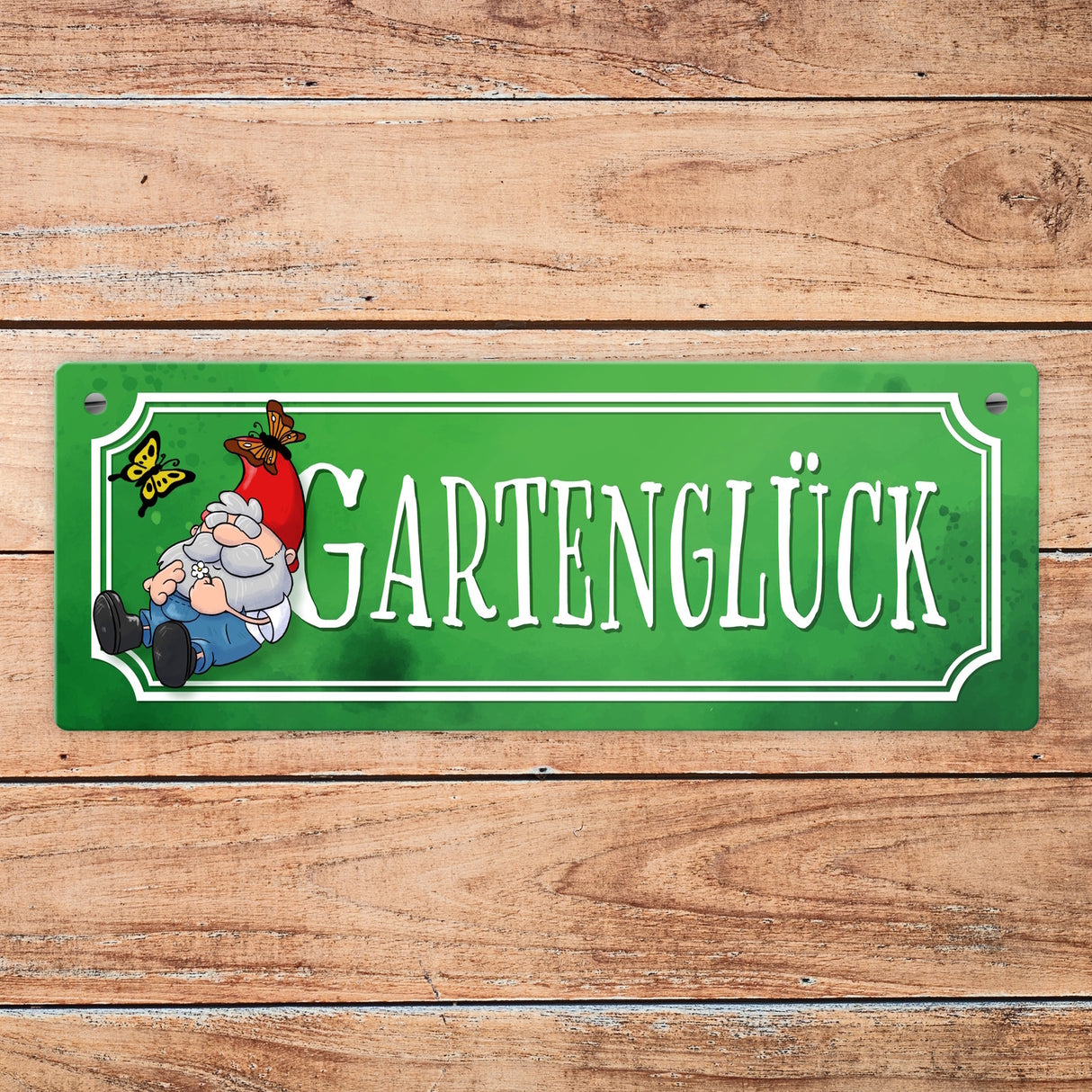 Gartenglück Metallschild mit Gartenzwerg und Schmetterlingen