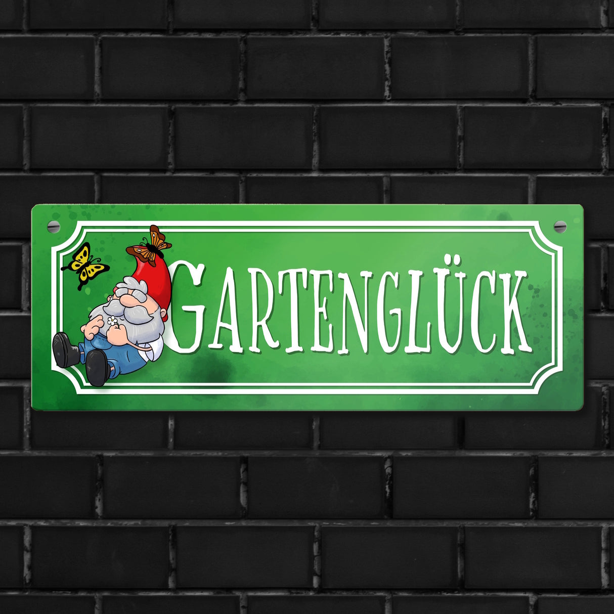 Gartenglück Metallschild mit Gartenzwerg und Schmetterlingen