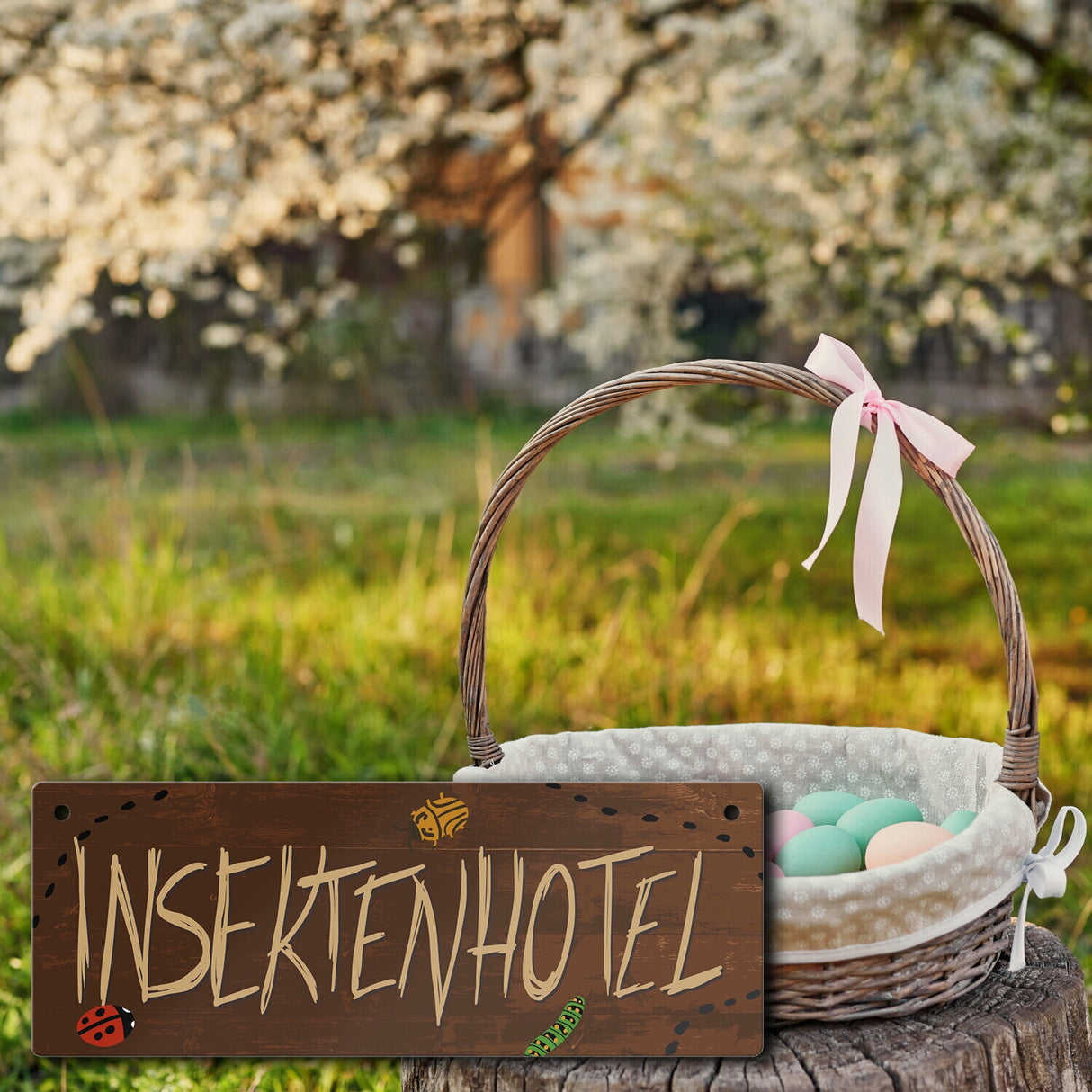 Insektenhotel Metallschild mit Holzoptik