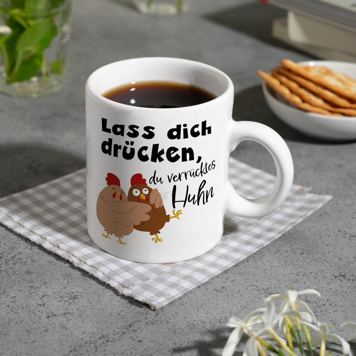 Lass dich drücken, du verrücktes Huhn Kaffeebecher