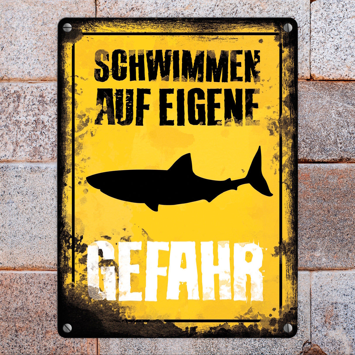 Schwimmen auf eigene Gefahr Metallschild für den Pool mit Hai