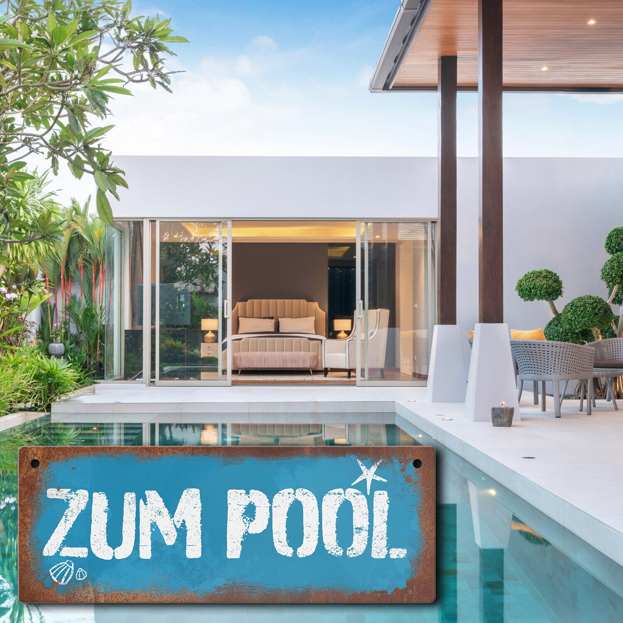 Zum Pool Deko Metallschild in Rostoptik