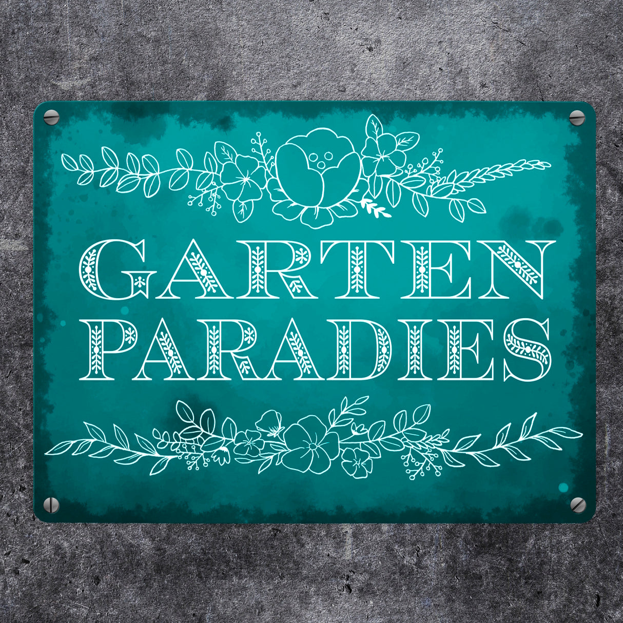 Gartenparadies Metallschild in türkis mit floralen Ornamenten