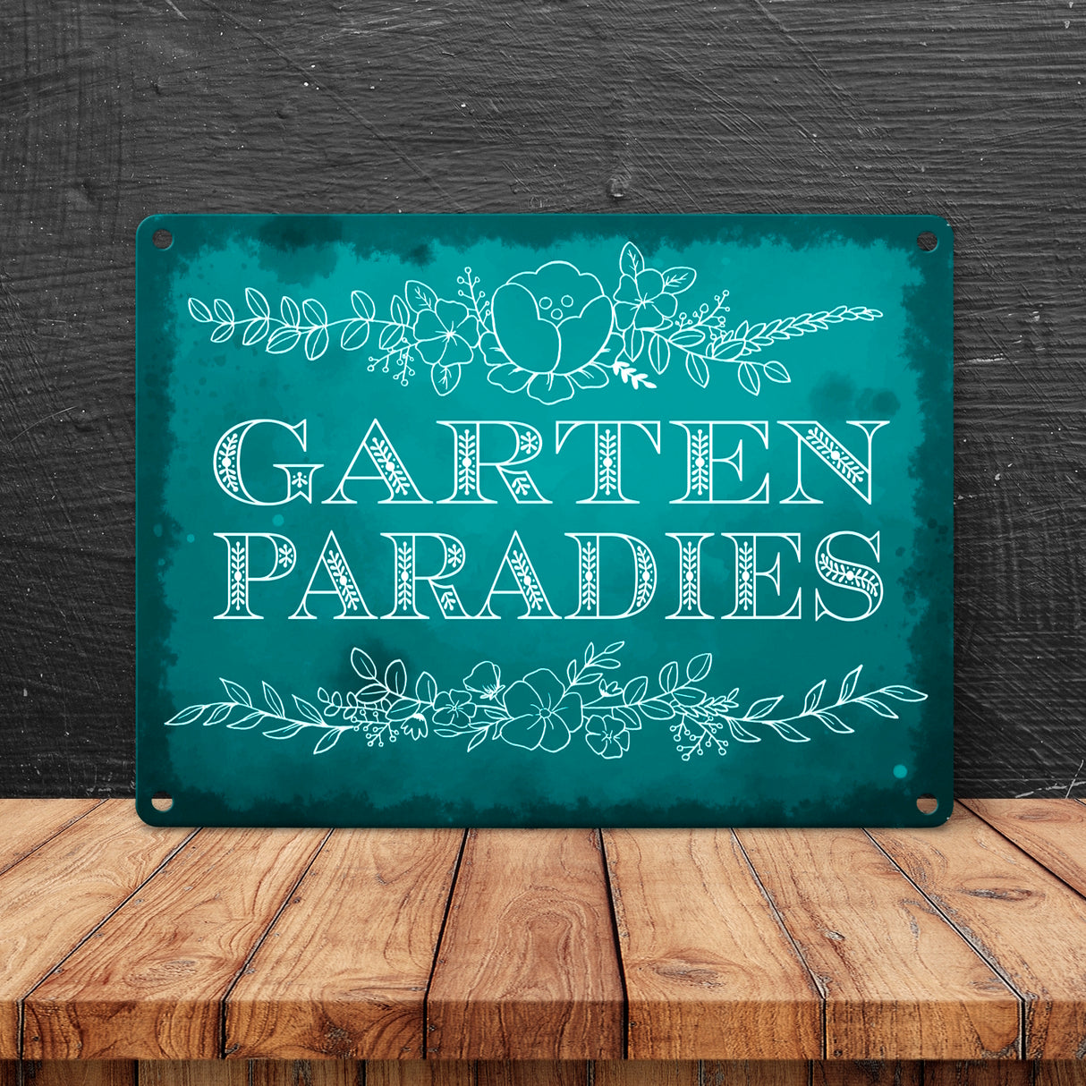 Gartenparadies Metallschild in türkis mit floralen Ornamenten