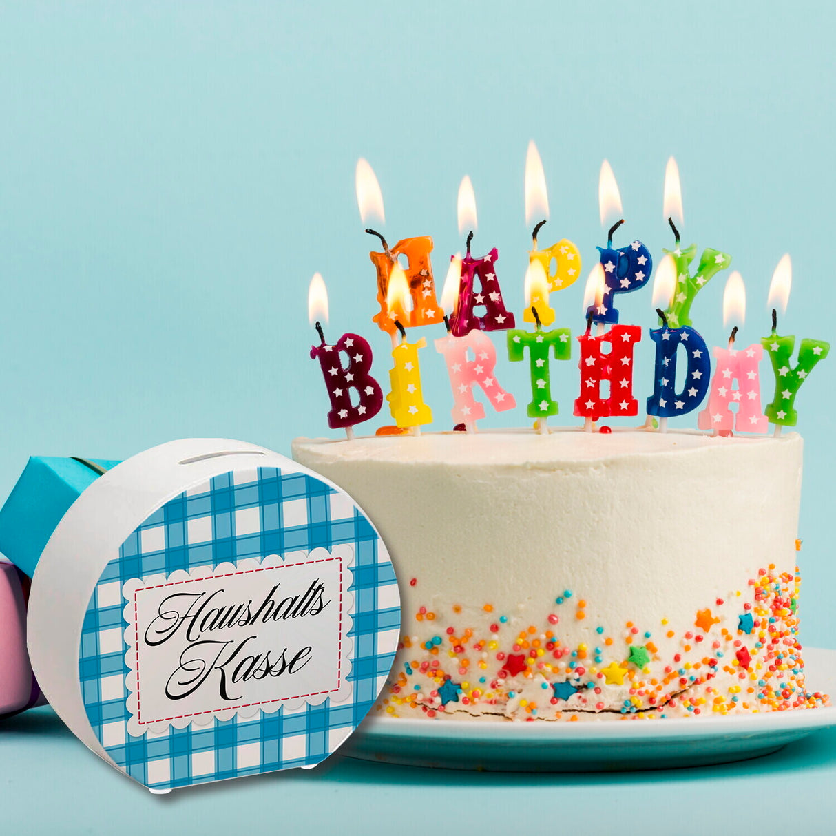 Haushaltskasse Spardose mit blau-weiß kariertem Muster