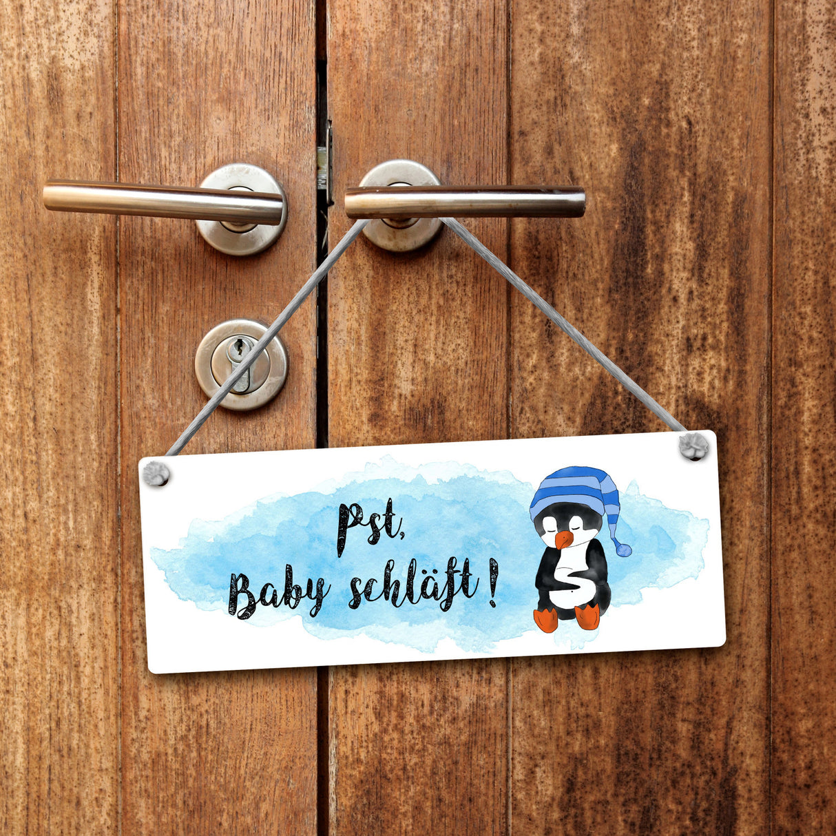 Pst Baby schläft Wendeschild mit Pinguin in blau